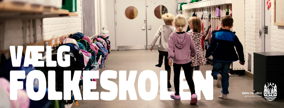Teksten 'Vælg folkeskolen' med et billede af børn i et dagtilbud